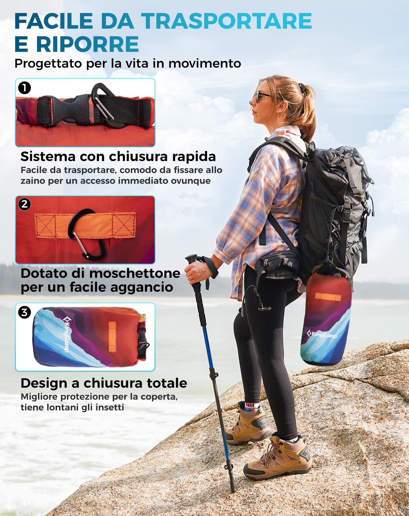 KingCamp Coperta da Campeggio Ultraleggera e Impermeabile,200 x 145 cm,Indossabili,Coperta Termica da Viaggio Ripiegabile per Picnic all'aperto,Spiaggia,Escursionismo,Auto,Interni,Colori Dipinti