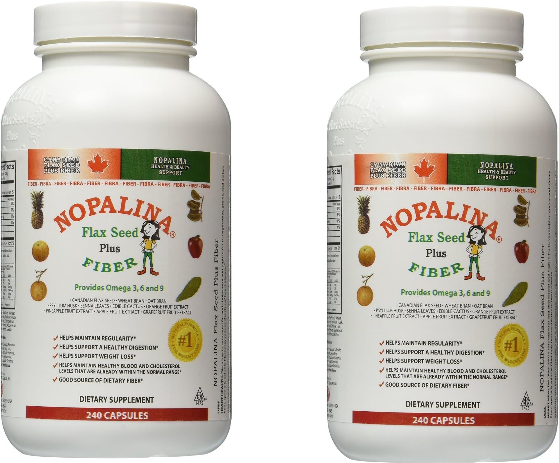 Nopalina Flax Seed Plus Fiber 240 Capsules Dietary Supplement (Pack of 2)