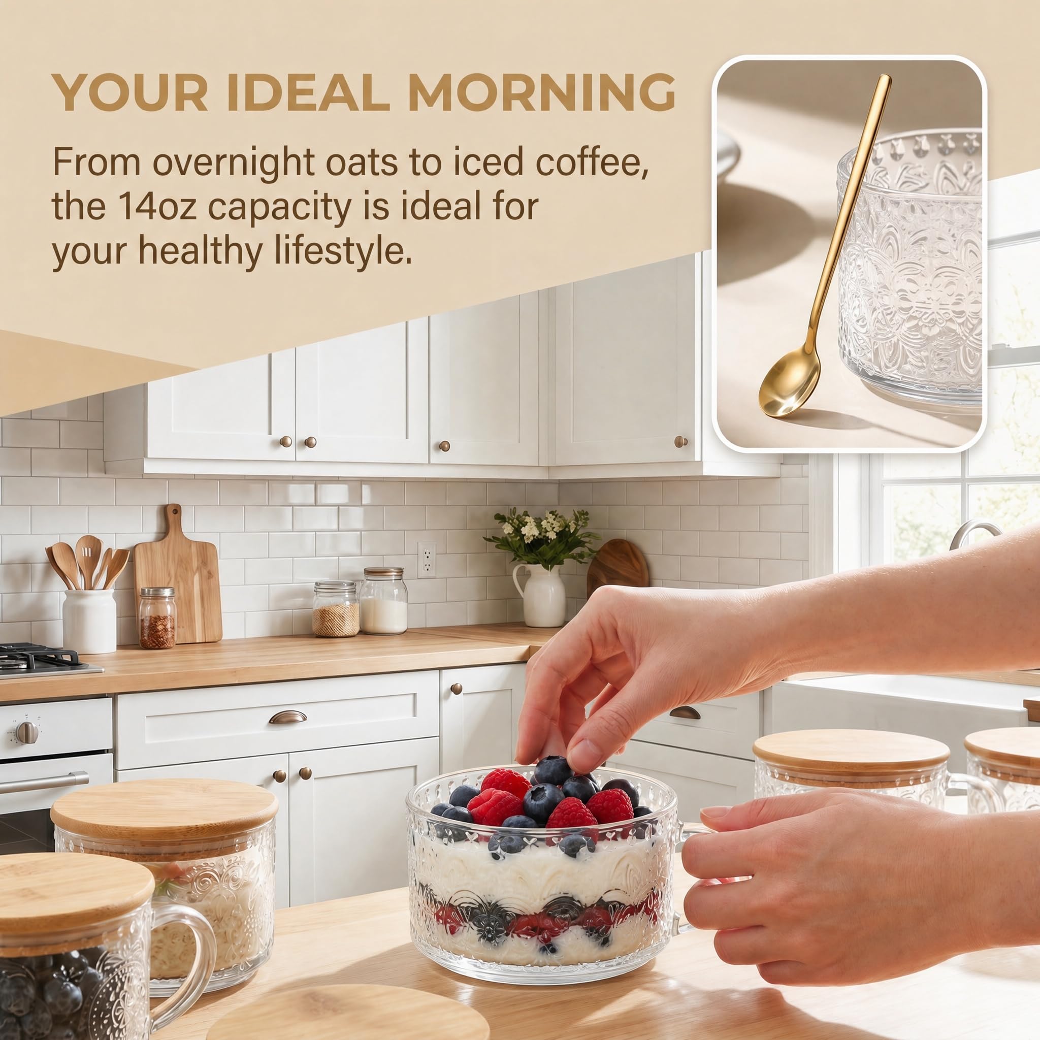 YORY Overnight Oats - Recipientes de avena con tapas de bambú y cuchara, tazas de café y té, tazas de vidrio de 14 onzas, regalos para el hogar, paquete de 4