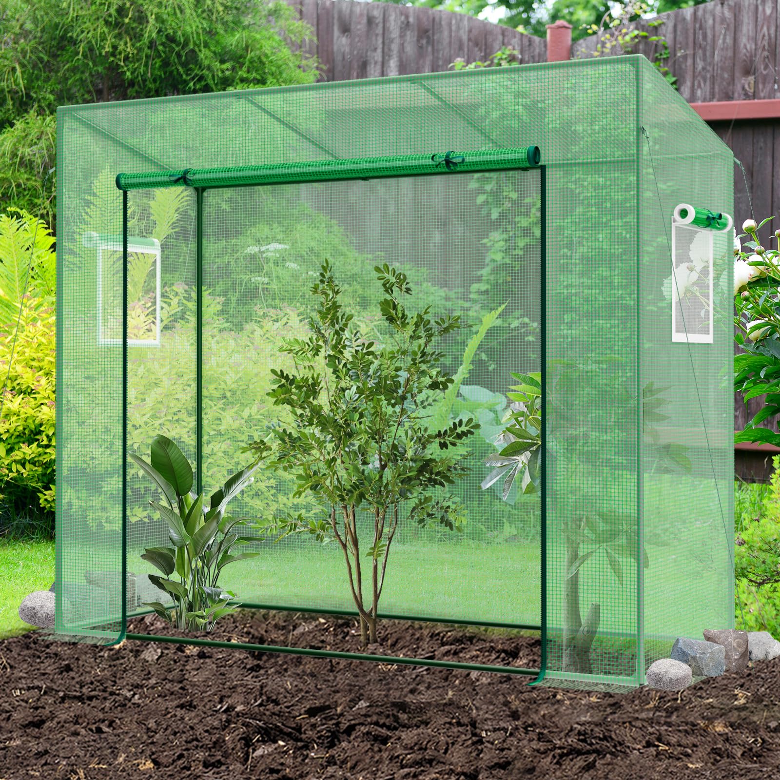 GYMAX Serra da Giardino, Serra Portatile Mini Esterna con Copertura in PE, 4 Corde Antivento e Picchetti da Terra, Porta a Cerniera con Avvolgimento, 200 x 77 x 169 cm (Verde-1)
