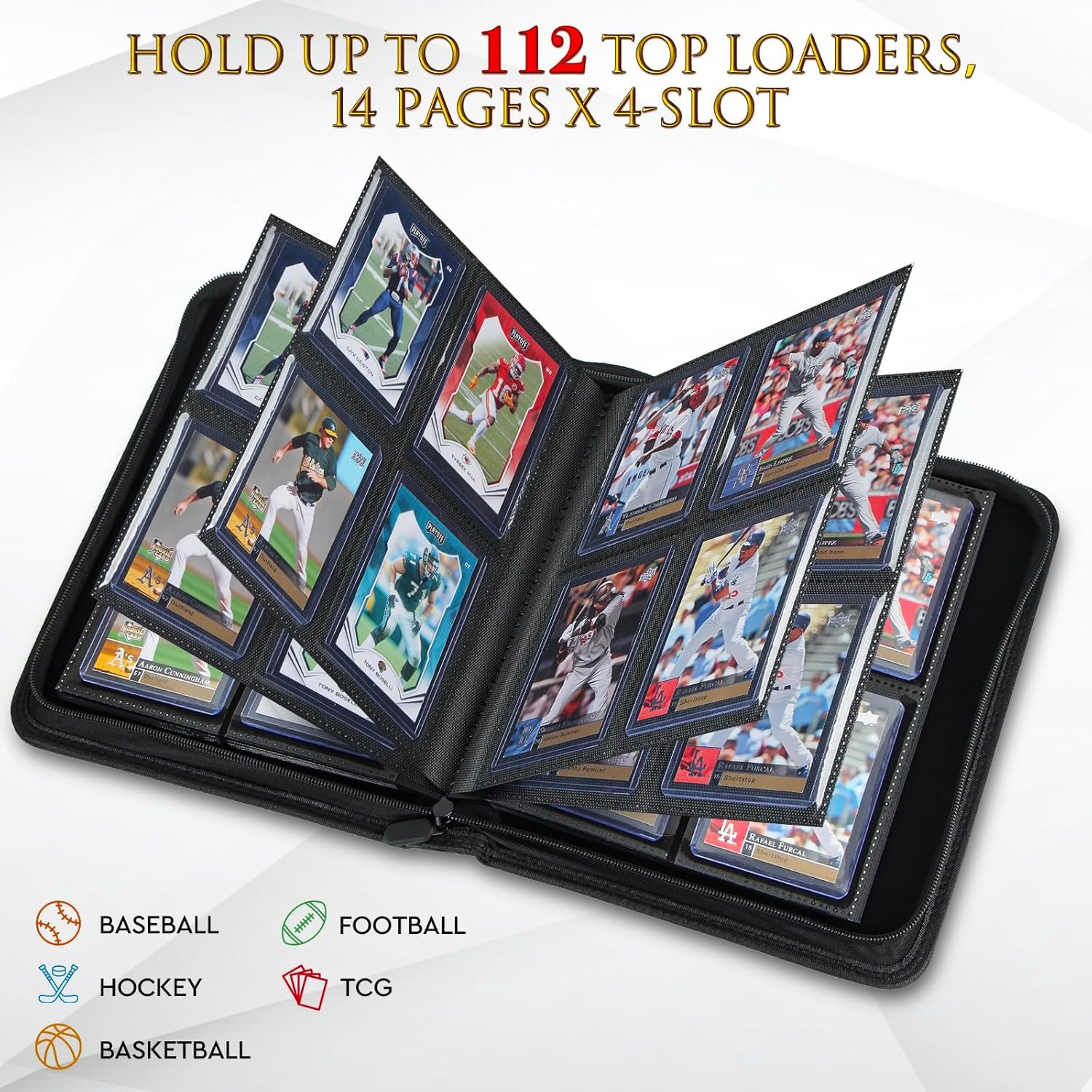 JoyHood Álbum Con Cremallera Para Top Loaders | Carpeta De 4 Bolsillos Para 112 Cartas Coleccionables | Gris, Solo Compatible Con Top Loaders