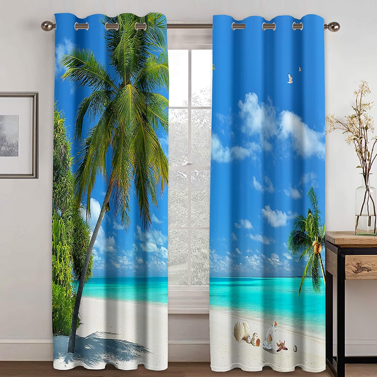 Gualiy Thermo Vorhänge 2er Set Ösen, Vorhänge 86x160 Palmen und Muschel Landschaft am Strand Vorhang Gardine Blickdicht