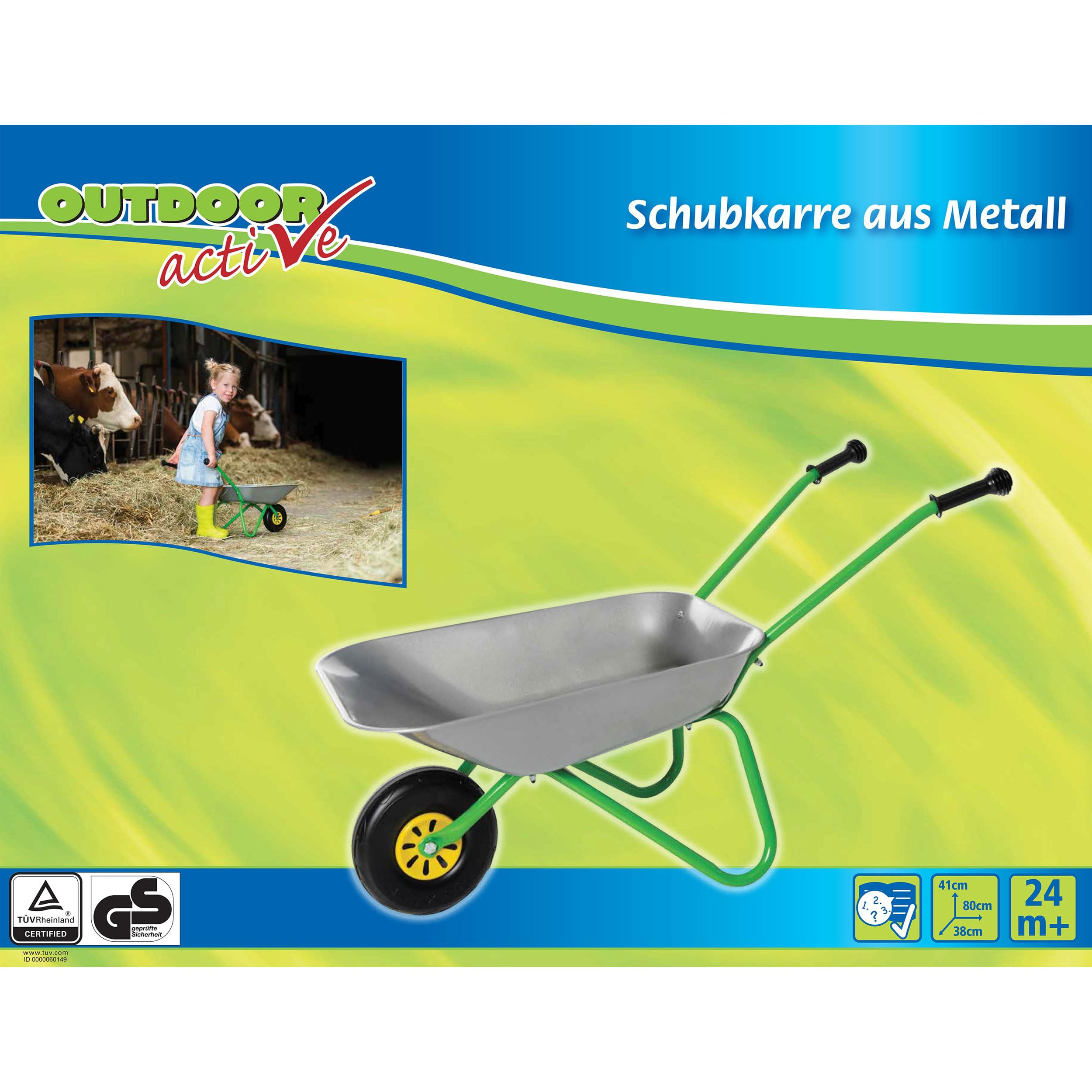 OA Rolly Toys Carretilla de metal plateado/verde (para niños a partir de 2 años, cuerpo de metal, carga máxima 25 kg, asas de plástico)