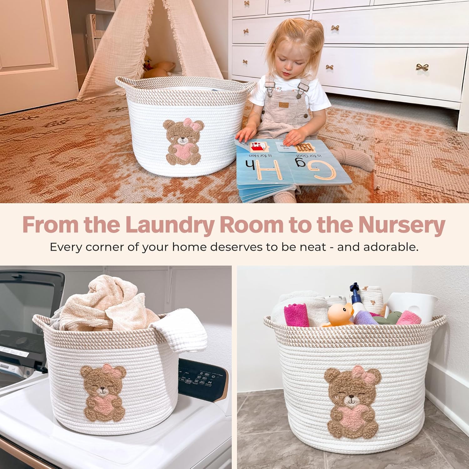 Pink Teddy Bear Storage Basket for Baby Girl Nursery – 15"x11" Cotton Rope Bin with Embroidered Bear Patch – Toy Organizer, Baby Laundry Hamper, Blanket & Diaper Holder – Foldable & Washable