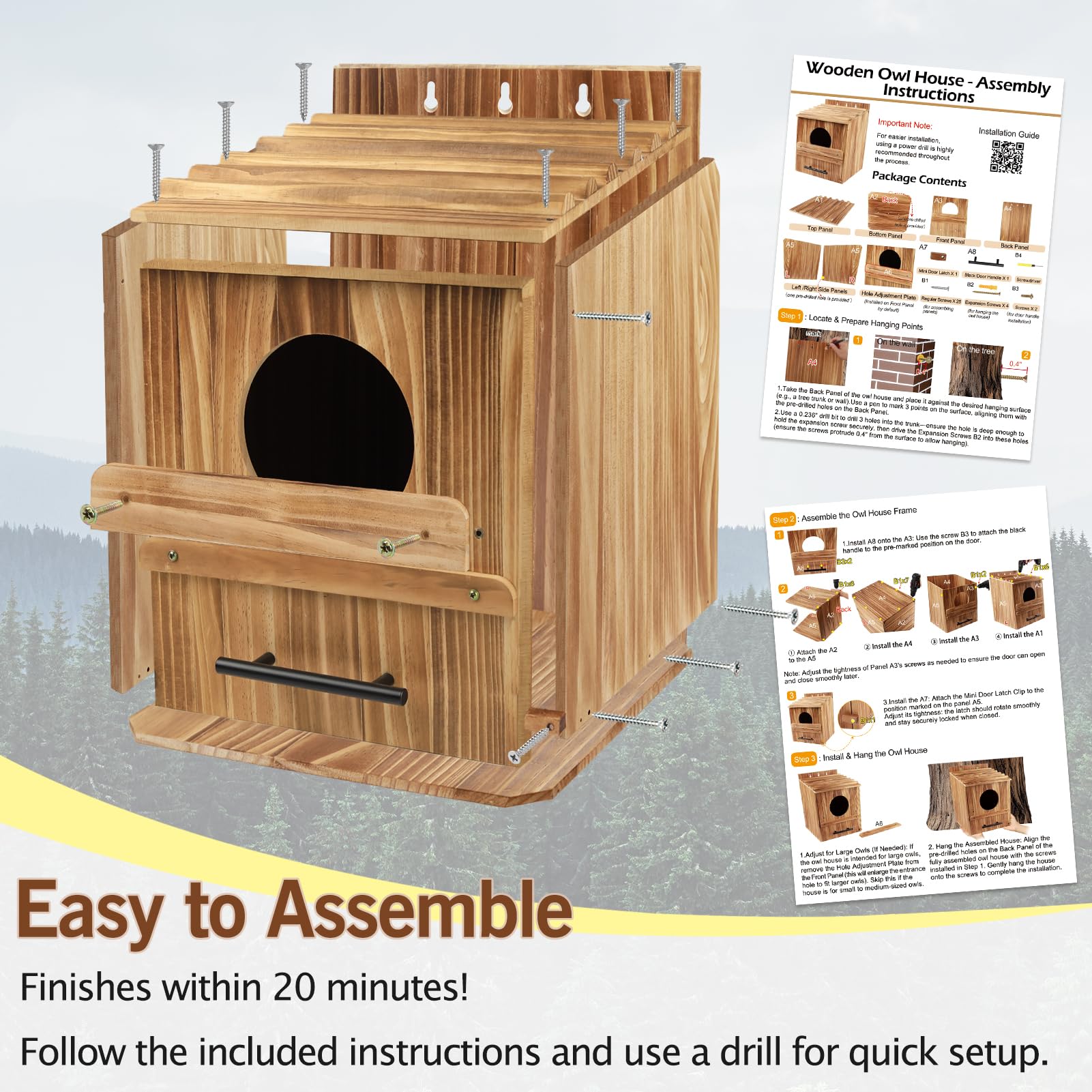 Grande casetta per esterni, 43,2 x 31,8 x 31,8 cm, in legno, per esterni, nido per uccelli, habitat per urlo, boreale, sega - Whet & Elf Owls