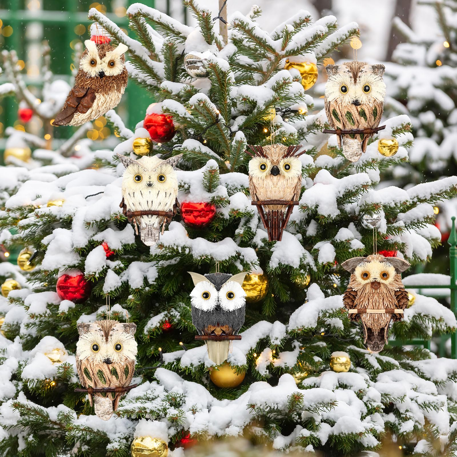 Namalu Confezione da 6 gufi in sisal, statuette di animali in paglia naturale, per ornamenti natalizi rustici, decorazioni realistiche per albero di Natale, artigianato fai da te, decorazioni per