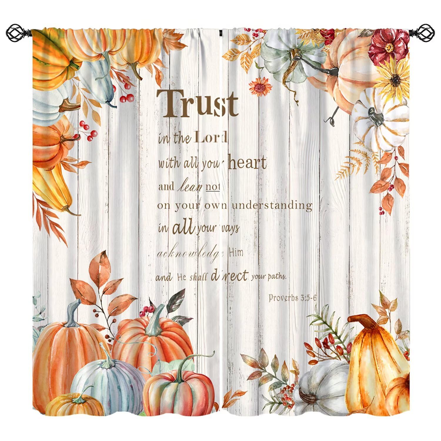 Moderw Fall Pumpkin Curtain, Rustic Autumn Thanksgiving Harvest Window Treatment Motivational Inspirational Quotes Christian Bible Verses Scripture Drapes for Bedroom Living Room Kitchen W42xL45in