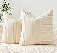 Throw Pillow Covers Set of 2 18x18 Inch Striped Pillow Covers, Soft Decorative Cotton Neutral Khaki Textured Case for Couch Sofa Bed Living Room, Home Modern Farmhouse Cute Decor