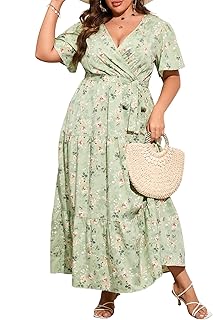 Womens Plus Size V Neck Wrap Maxi Dress High Waist Ruffle...