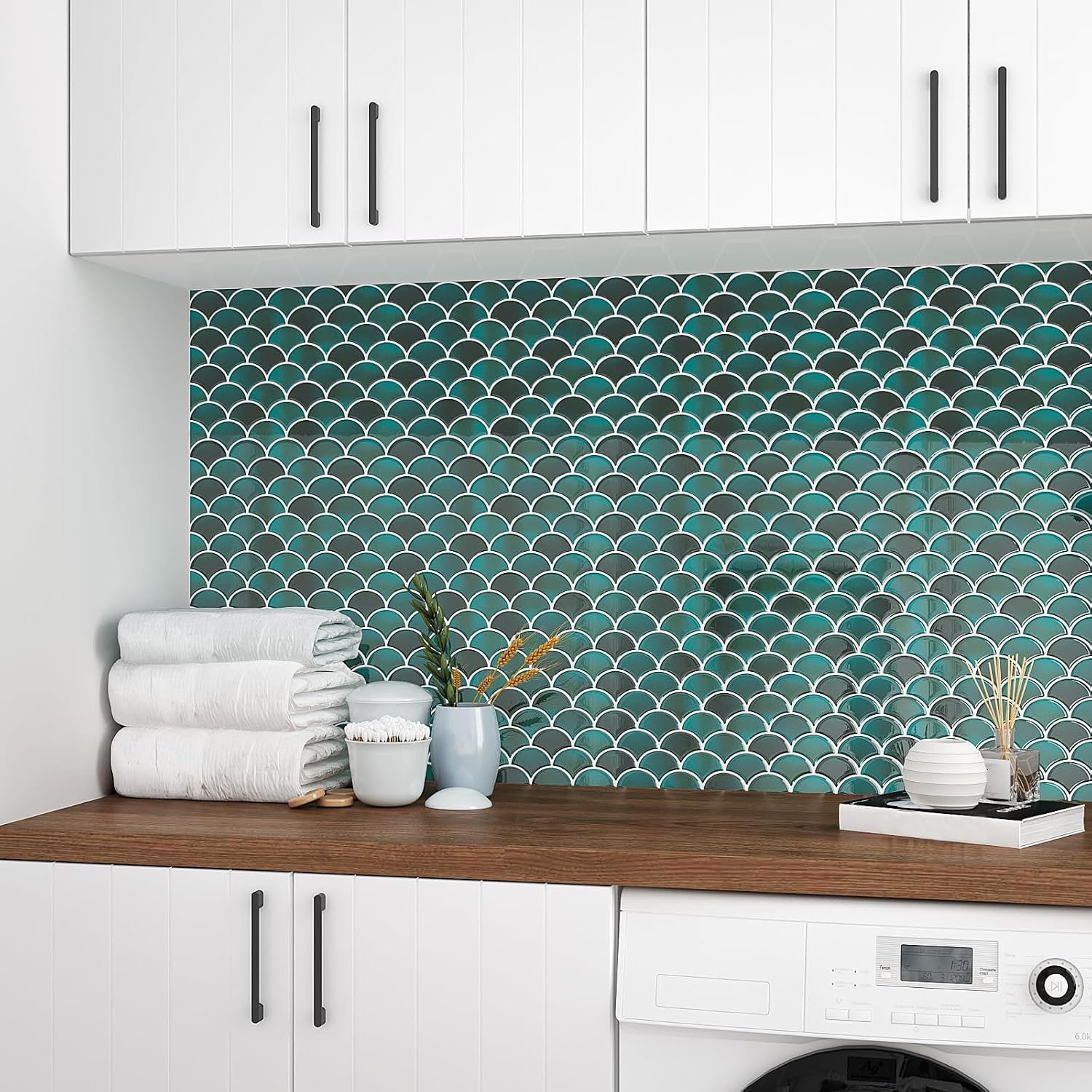 VEELIKE Green Marble Fish Scale Backsplash Tile for Kitchen Peel and Stick Waterproof Back Splashes Tile Sticker 24 Sheets Green Bathroom Wall Tiles Adhesive Renter Friendly Backsplash Tiles 12''x12''