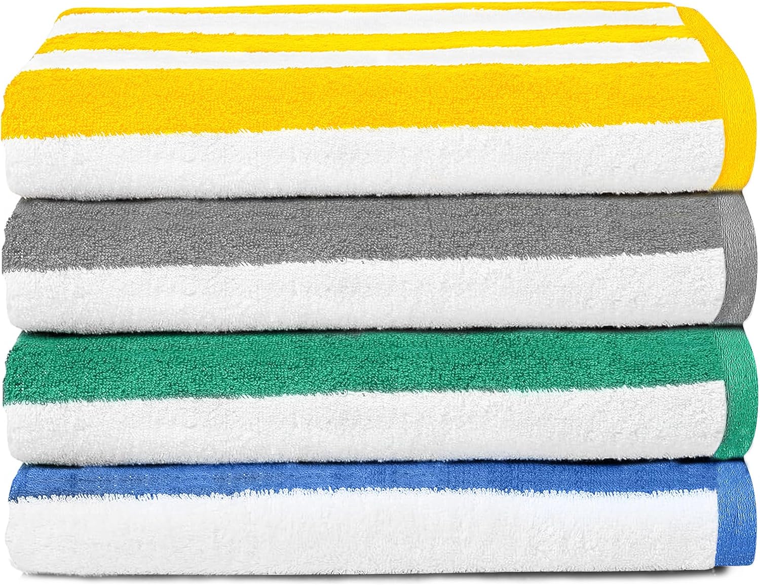 Bliss Casa 100% Cotton Beach Towels (4 Pack, 30 x 60 Inch) - Extra Soft & Highly Absorbent Summer Pool Towel Oversized Cabana Stripe (Blue, Green, Grey & Yellow)