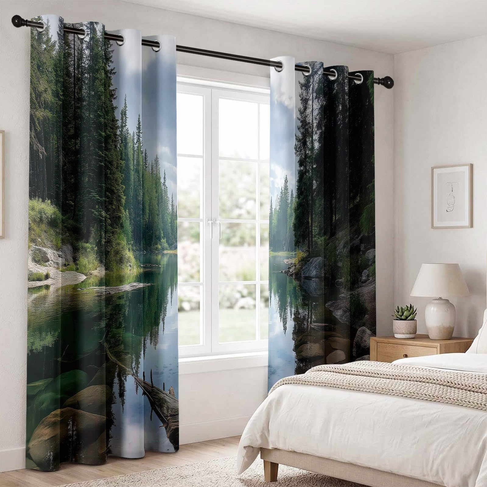 Skandinavisch Natur Verdunkelungsvorhänge für Schlafzimmer, 2er Set H 200 x B 70 cm Wärmeisoliert Vorhänge, Dschungel Kiefer See Felsen Gardinen Blickdicht Fenstervorhänge für Wohnzimmer