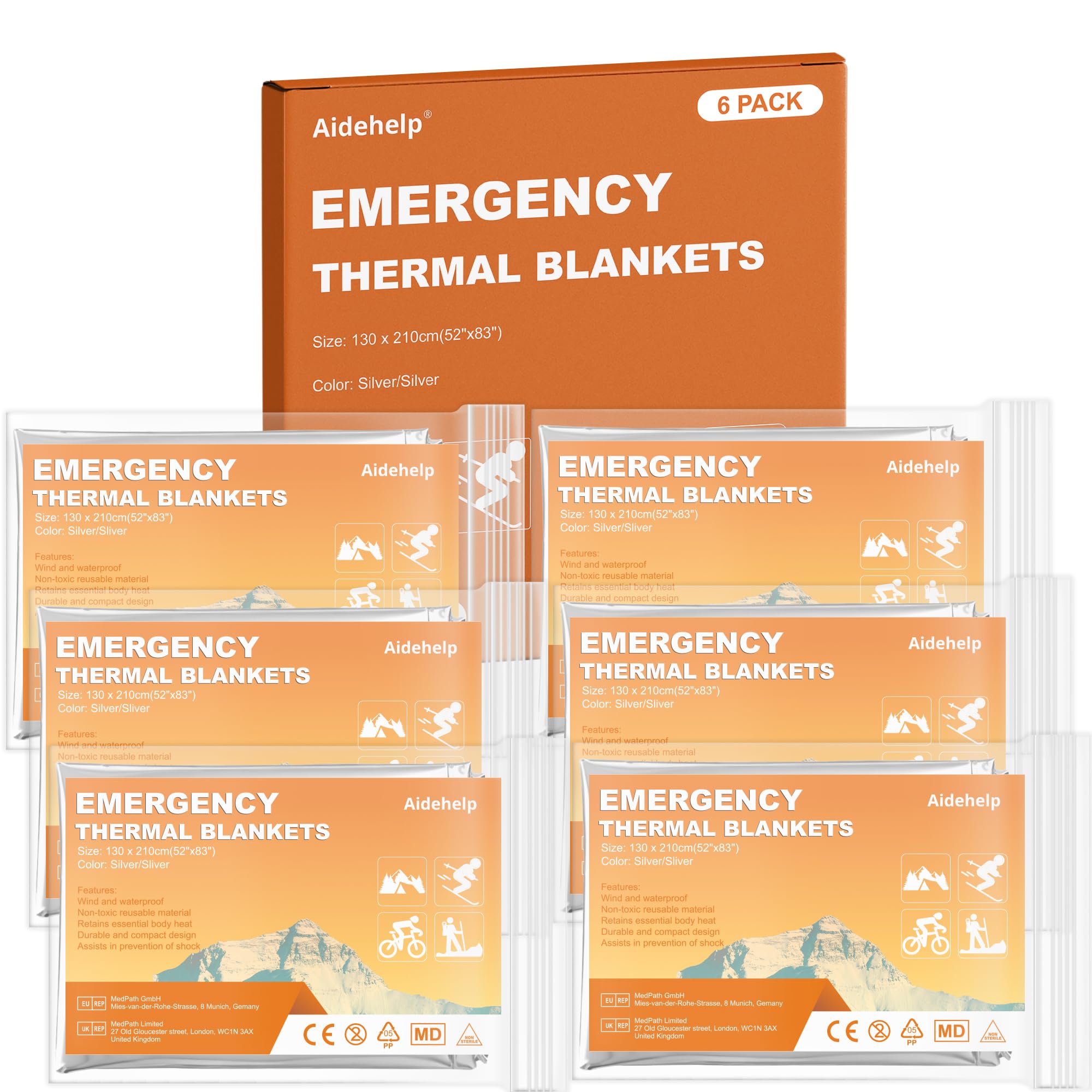 6 Pack Emergency Blankets - Mylar Thermal Space Blankets for Survival and Protection - Ideal for Camping Outdoors