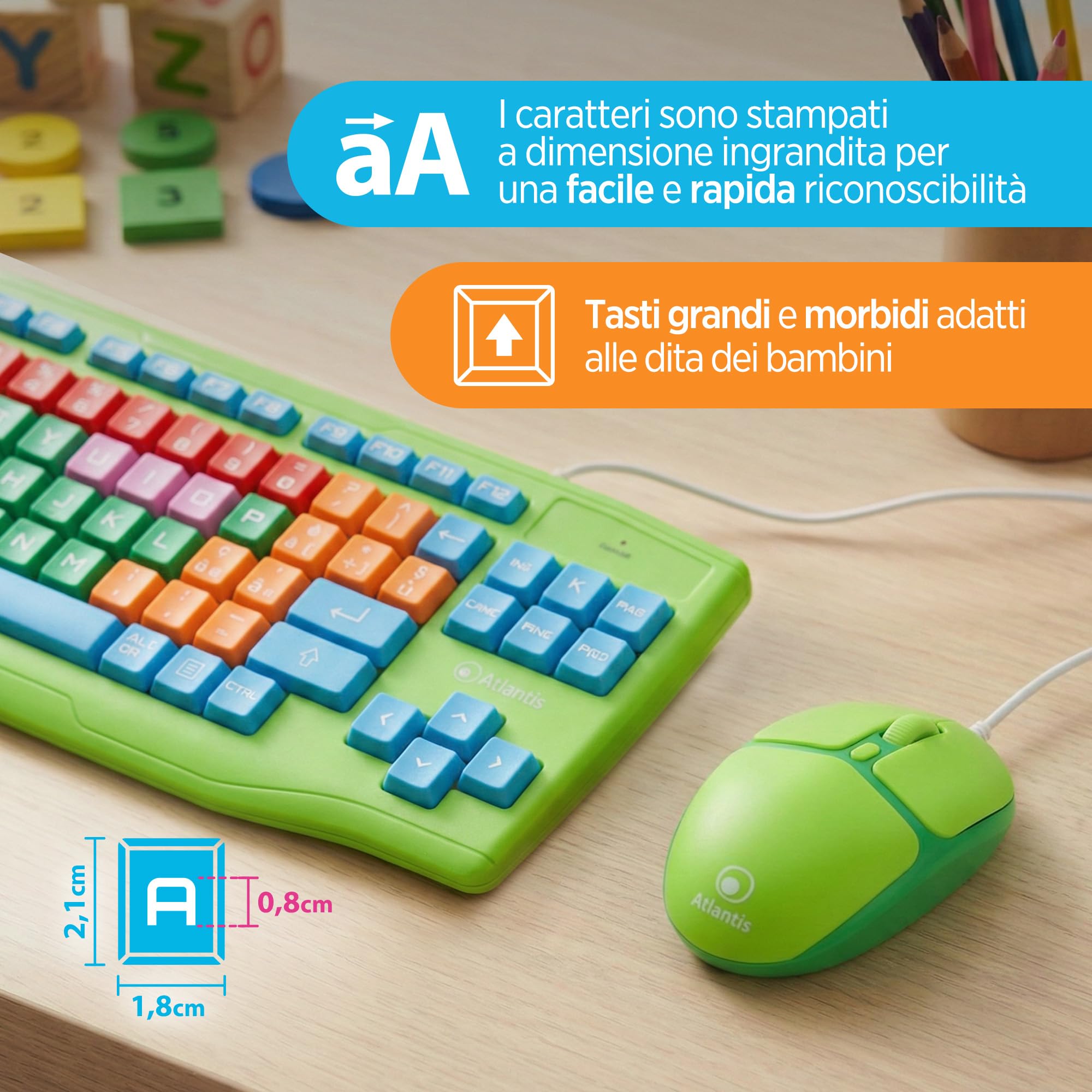 Atlantis Kids Keyboard + Mouse, Kit Tastiera Italiana QWERTY e Mouse USB fino a 1600Dpi con tasti grandi, morbidi, colorati, caratteri ingranditi