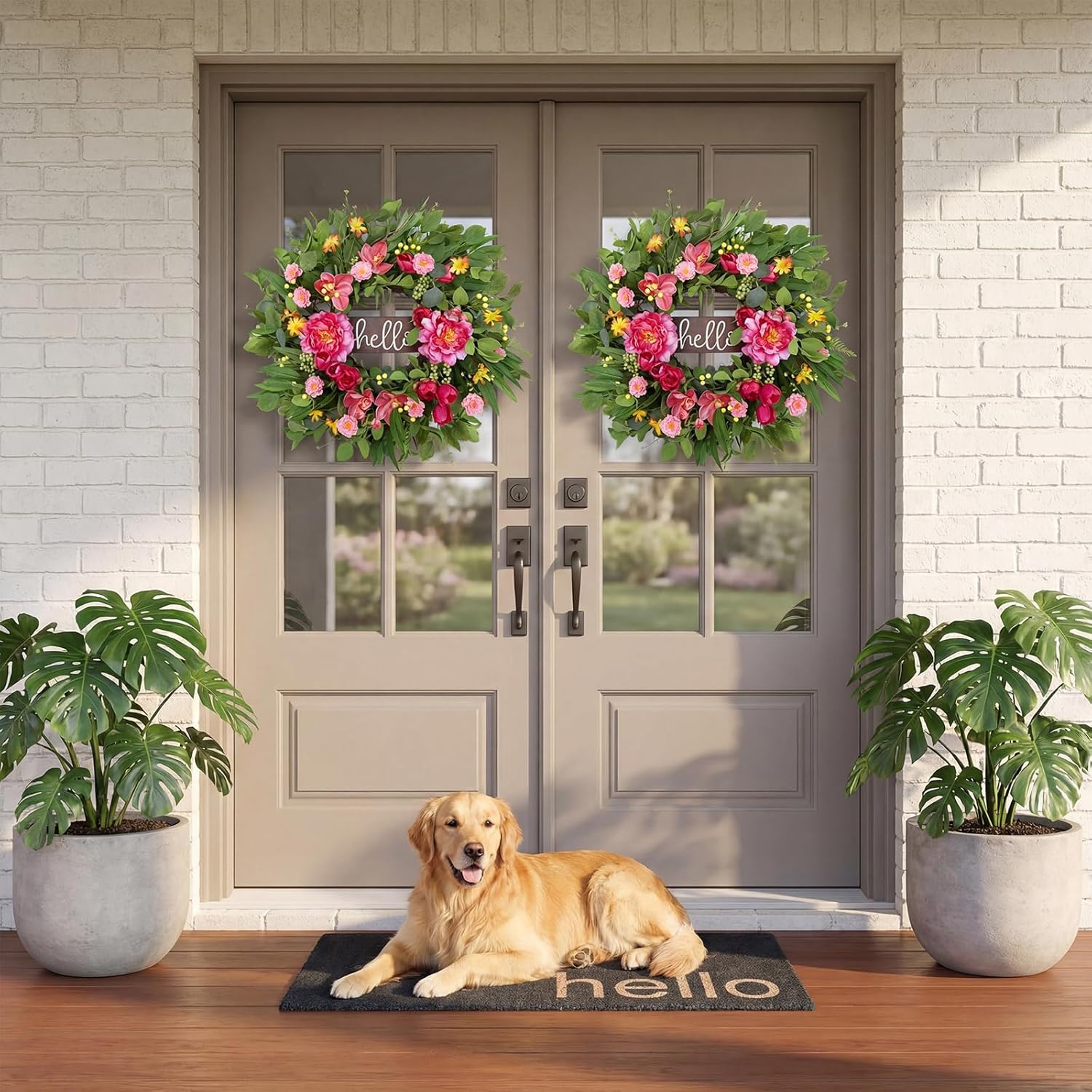 24" Spring Wreaths for Front Door with Hello Sign,Artificial Eucalyptus Wreath with Pink Penoy,Magnolia,Tulip,Berries,Greenery Summer Wreath for Front Door,Farmhouse,Porch,Wall,Window Outdoor Decor