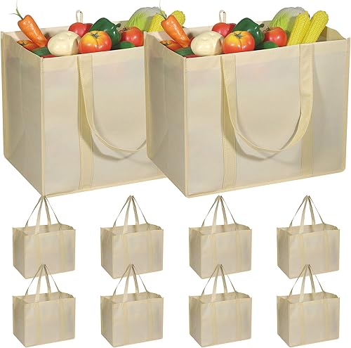 DIOMMELL Paquete de 10 bolsas de comestibles reutilizables, extra grandes, superfuertes, resistentes, con asas reforzadas, color beige