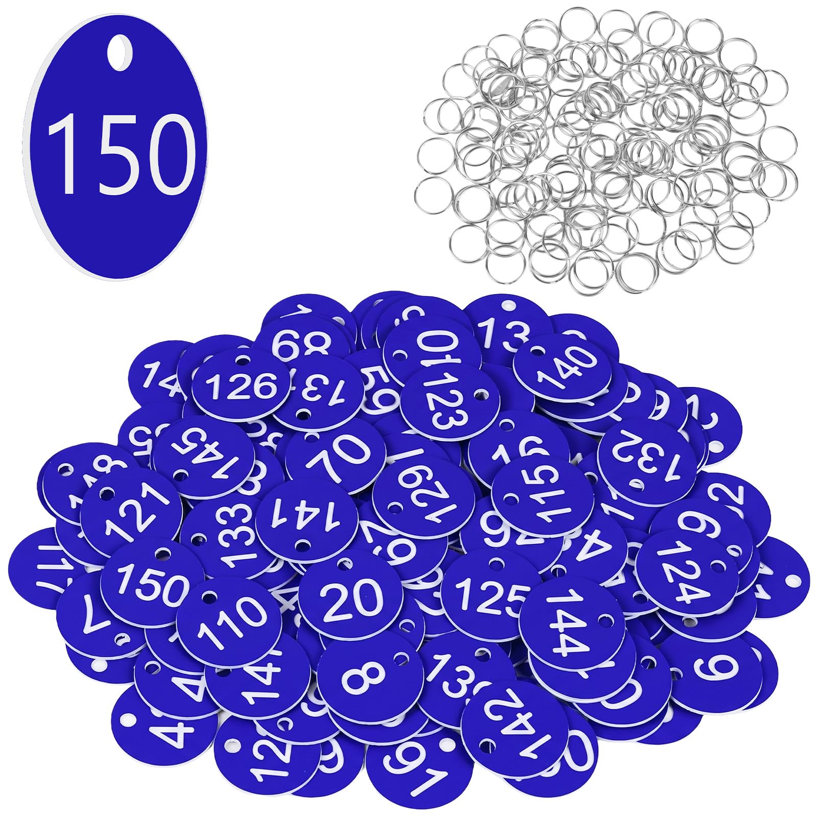Flintronic 150PCS Plastic Number with Key Rings, Engraved Numbered Tags, Plastic ID Tag Table Numbers, Discs Number Tags for Office, Hotel, Mailbox, Dormitory (1-150 Dark Blue)