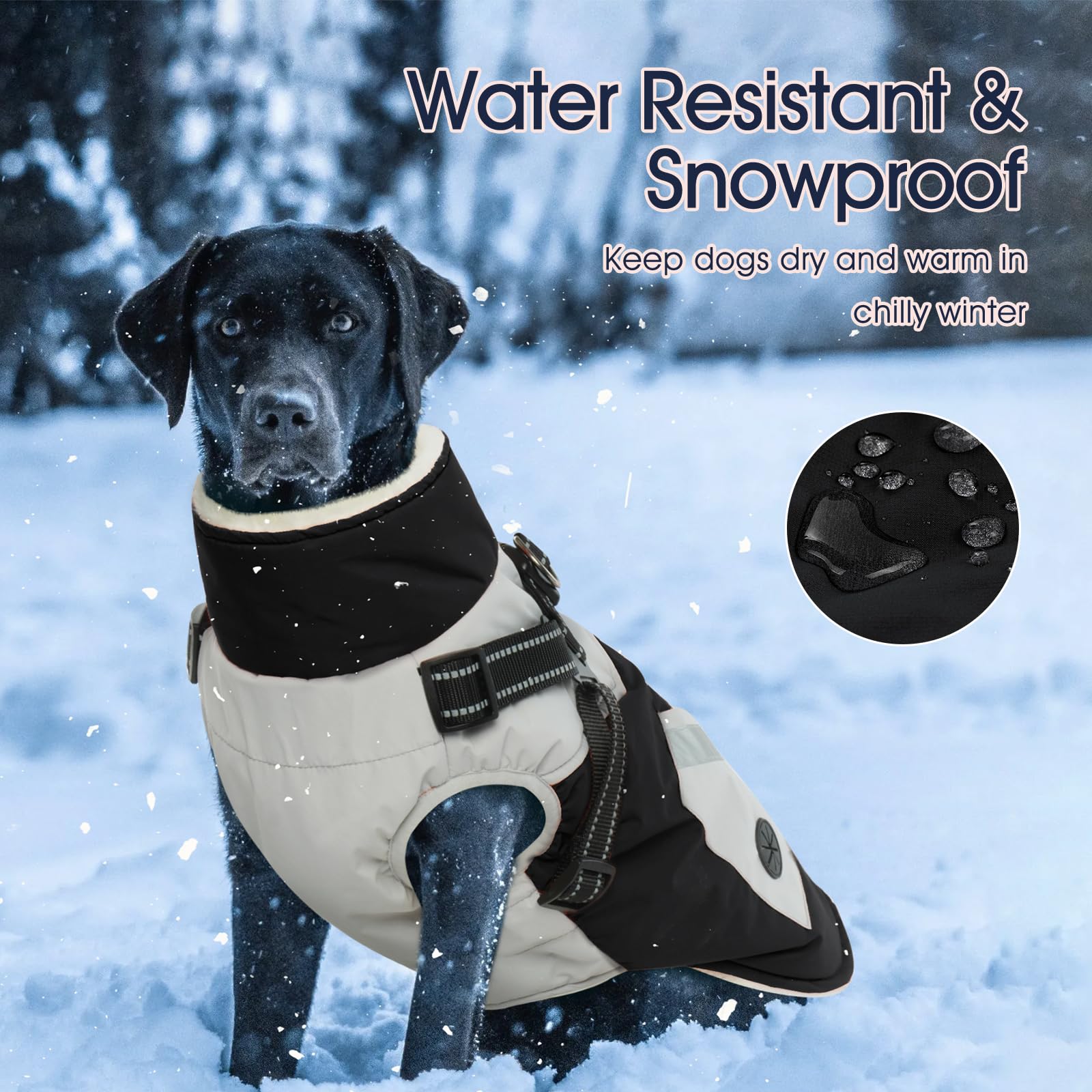 IECOii Chaqueta para perro con arnés de invierno integrado, negro, XXXL, abrigo para perro con cremallera, ropa de invierno para perros grandes, impermeable, traje de nieve para perros, chaqueta de
