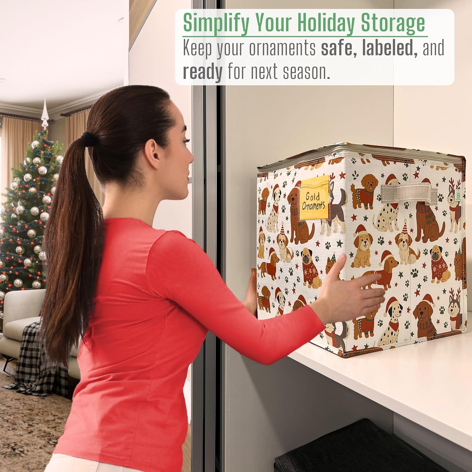 VENO 2 Pack Christmas Ornament Storage Box, Stores up to 64 Holiday Ornaments, Adjustable Dividers, Zippered Top, Storage bins with lids for holiday decorations-3 Inch Cube Compartments (Holiday Pups) - Image 4