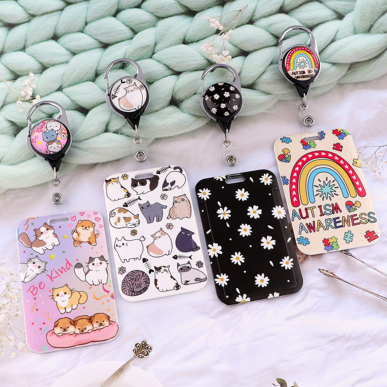 Juanooo Preppy Cats ID Lanyard with Card Holder & Retractable Badge Reel Clip Cute Neck Lanyard for Keys ID Badges for Women Girls Kids Nurse - Image 2