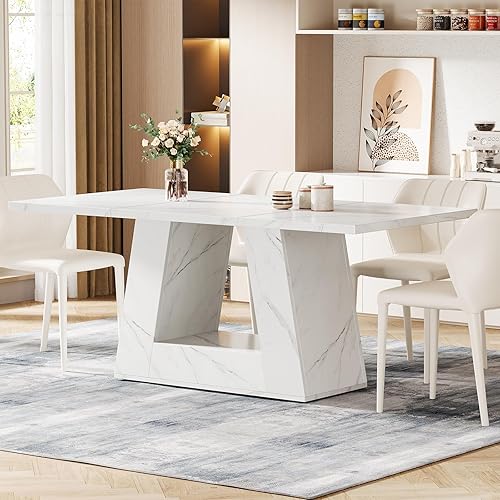 Miniatura 7 de Tribesigns Mesa de comedor para 4 a 6 personas, mesa de comedor rectangular de 63 pulgadas, moderna mesa de comedor de mármol sintético de madera