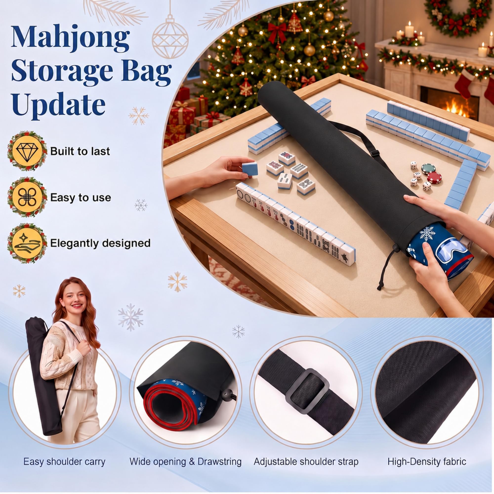 Ensemble de tapis de mahjong d'hiver avec sac de transport, bleu