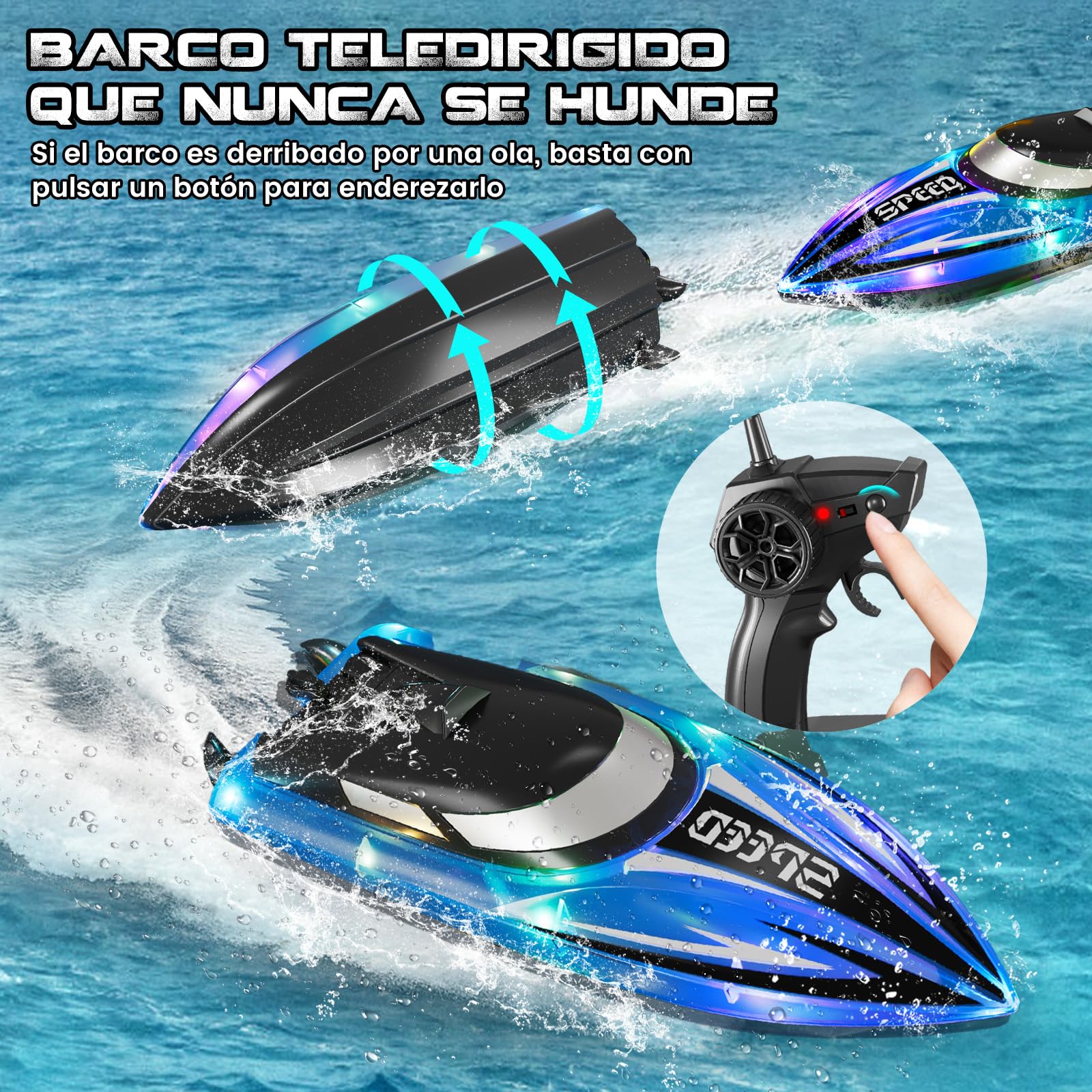 JONRRYIN Barco Teledirigido 2 Piezas, 2.4GHz Barcos Teledirigidos con Luces LED y Alarma de Batería Baja, Barcos RC Regalo para Niños y Adulto (Rojo+Azul)