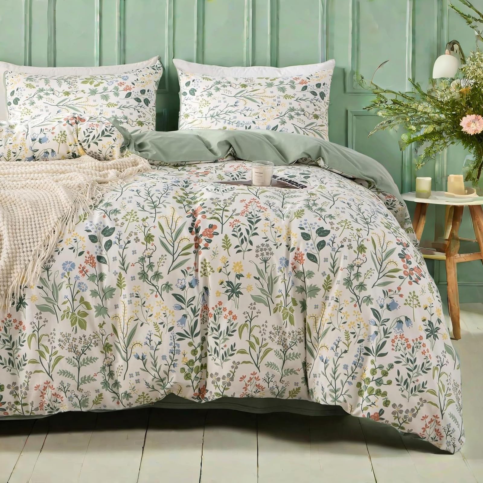 Tabeskly Girls Flora Flower Bedding Double Duvet Cover Sets Bed Zipper Sage Green Multicolor 200200cm