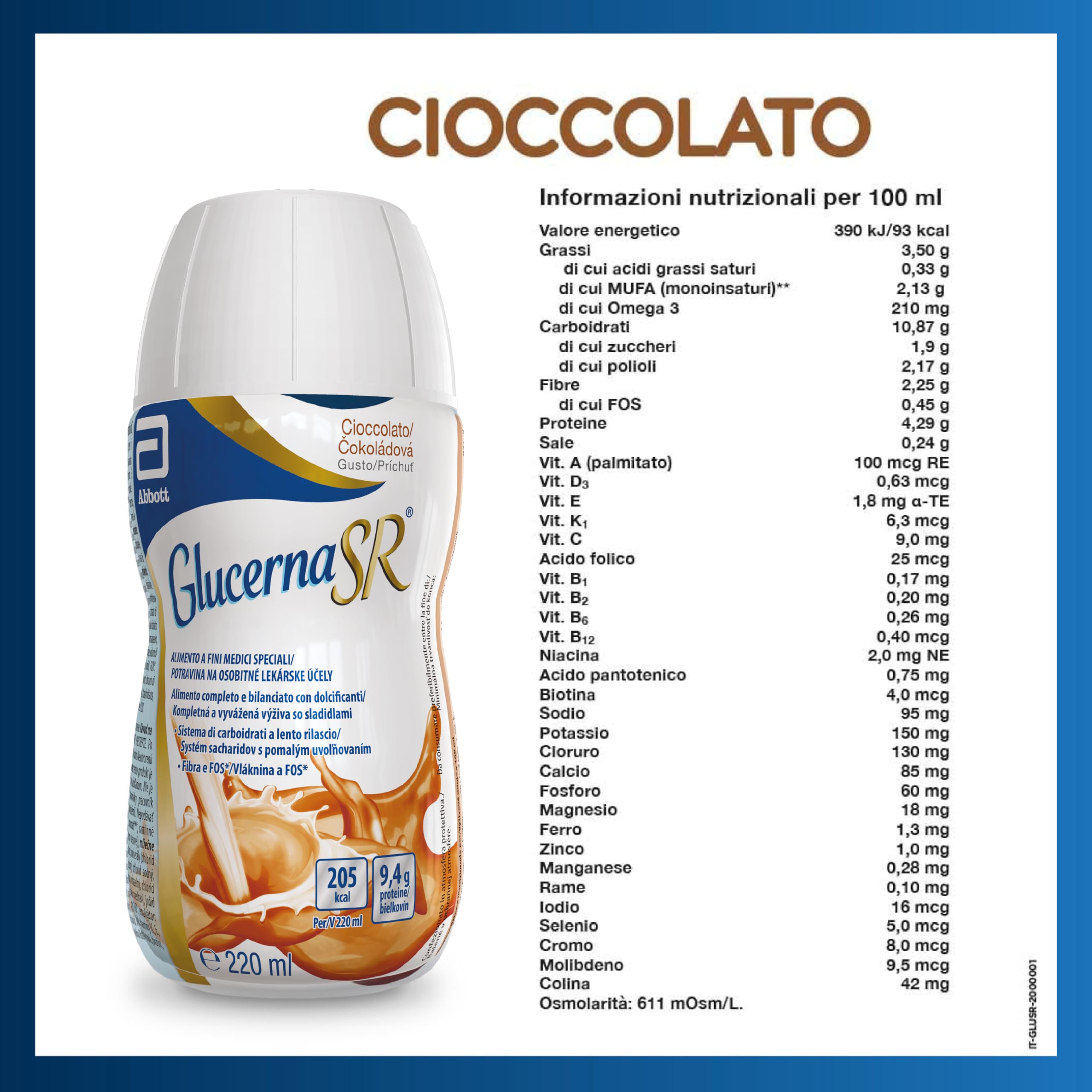 Glucerna SR | Alimento a Fini Medici Speciali Per Diabetici | Confezione 6X220ml | Gusto Cioccolato