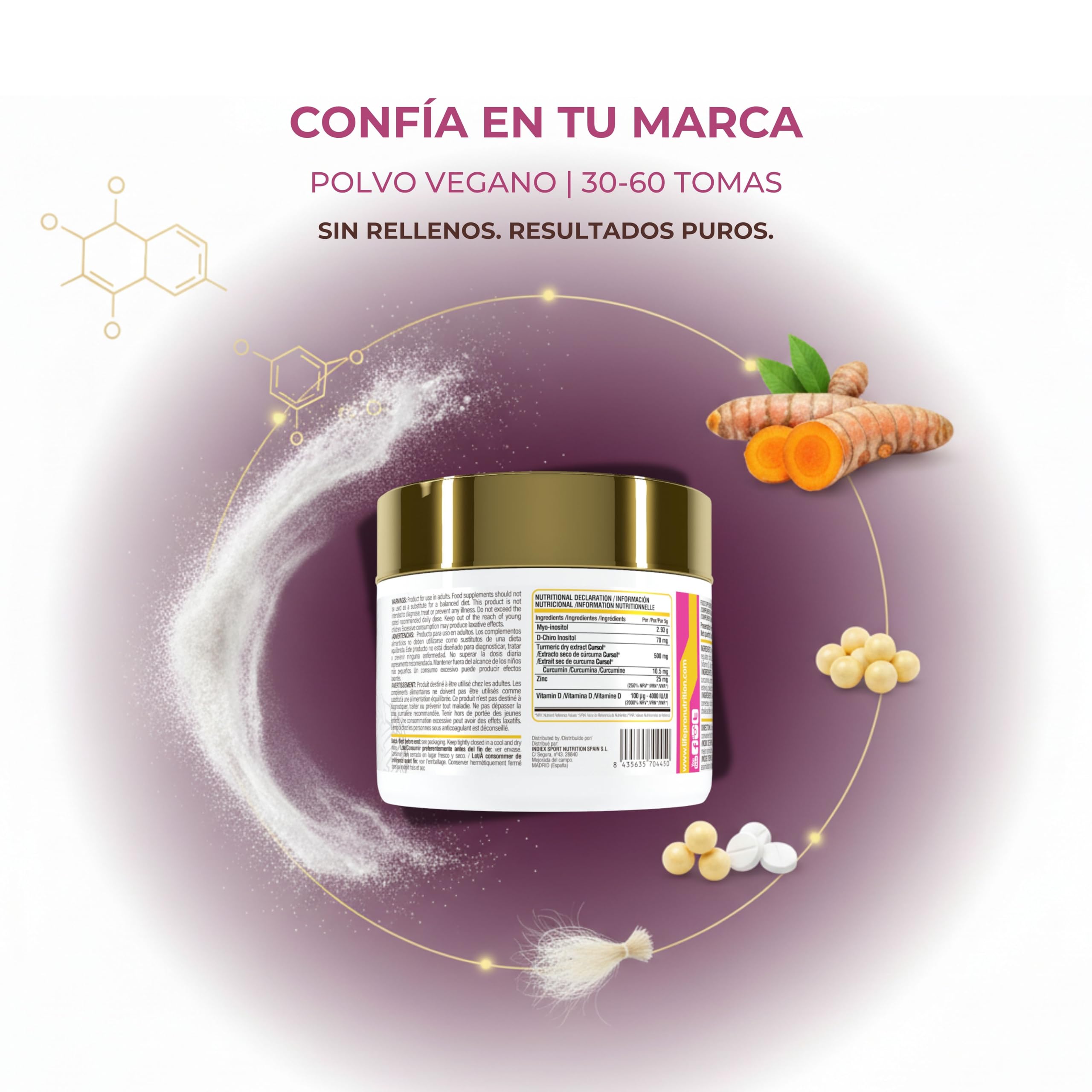 Inositol Myo & D-Chiro 3000mg – OvaPro Woman en Polvo con Vitamina D3, Zinc y Curcuma Cursol®, Equilibrio Hormonal Natural, Energía y Bienestar Femenino, Fórmula Suave para el Organismo (Sin sabor)