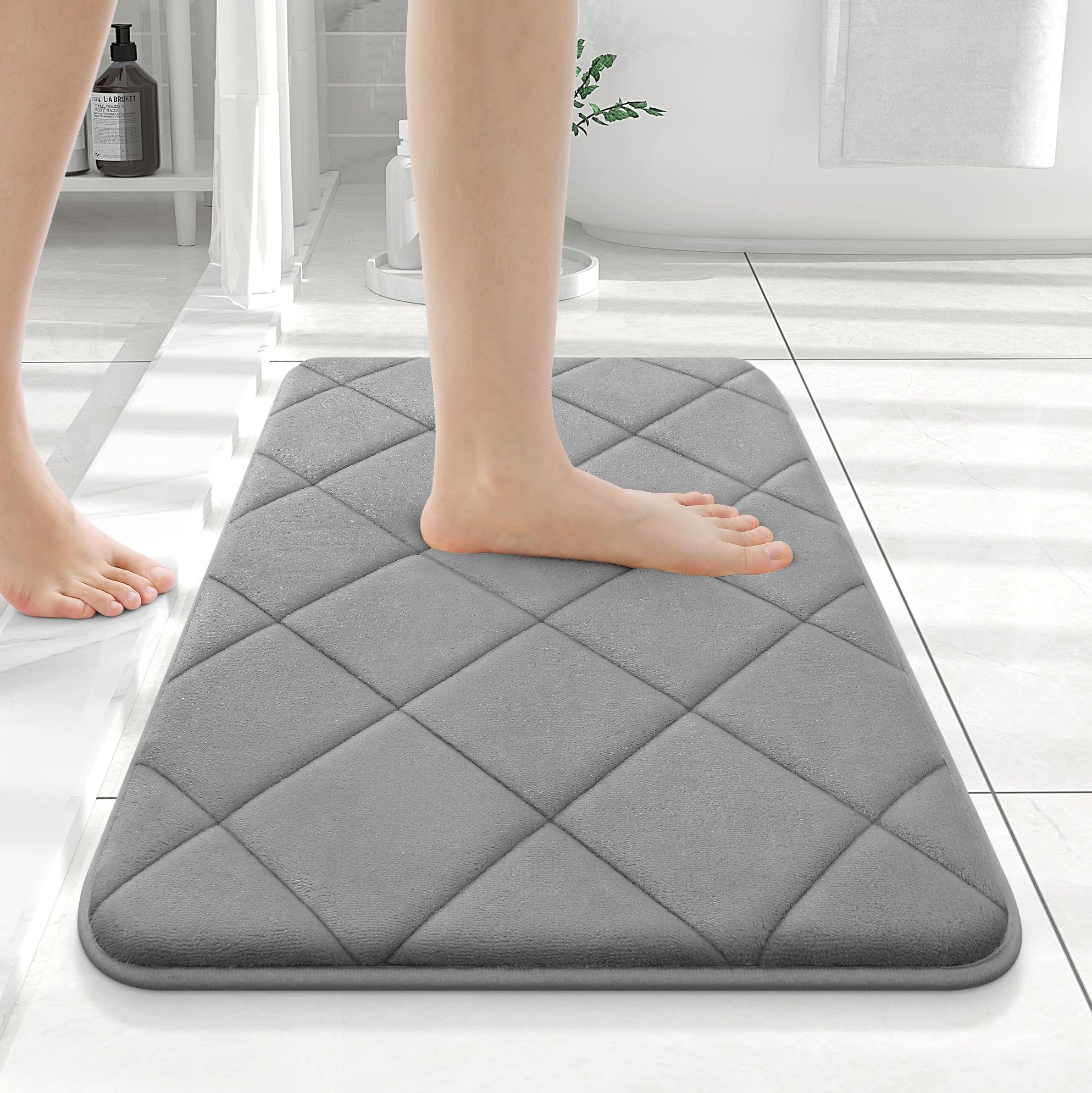 OLANLY Memory Foam Bath Mat 24x16, Ultra Soft and Absorbent Bathroom Rugs, Machine Washable, Comfortable Bath Carpet for Bathroom Floor, Tub and Shower, Grey