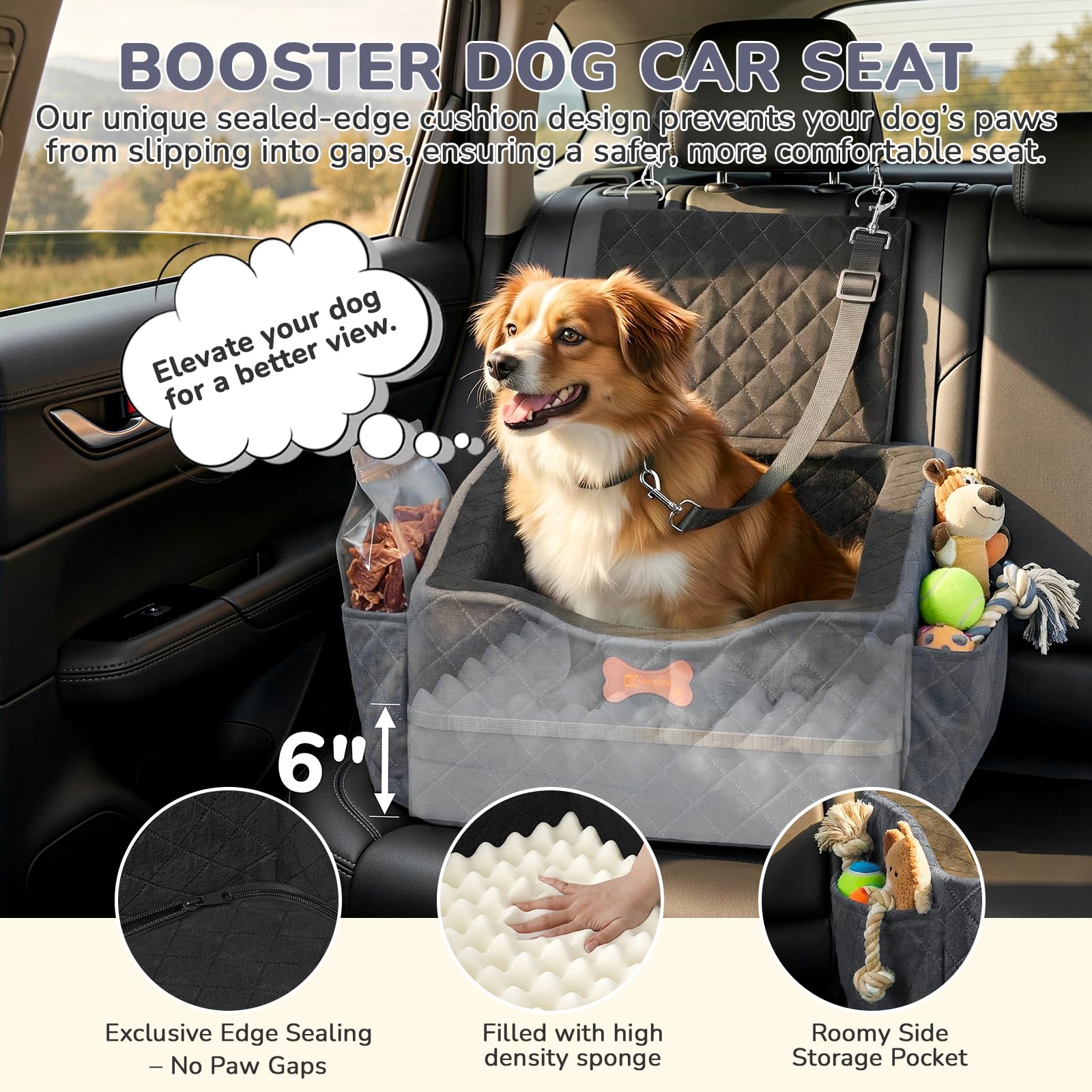 Dog Car Seat for Small Medium Dogs, 6" Elevated Booster Seat with ISOFIX Safety Fixation, Washable Cover & High Density Memory Foam, Portable for Car Front/Rear/Trunk Home Outdoor Use (Charcoal Gray) - image 4
