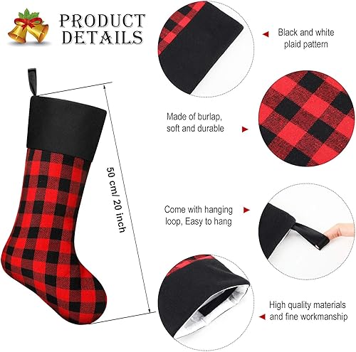 Miniatura 3 de Skylety - Calcetines de Navidad de 20 con tela a cuadros, piel sintética, para colgar en chimeneas, fiestas de Navidad en familia