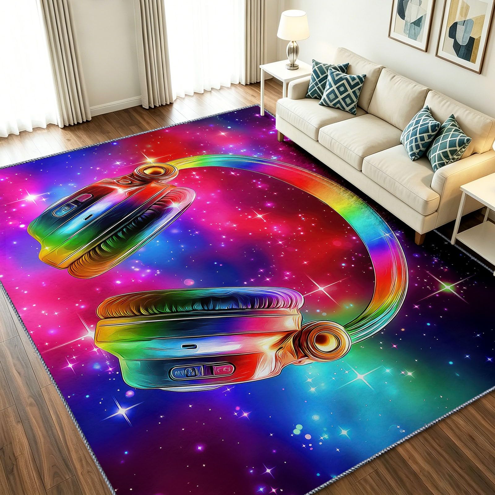 Tappeto a pelo corto lavabile, 160 x 230 cm, con musica pop art, morbido, antiscivolo, facile da pulire, design con cuffie, per interni come camera da letto, cucina, cameretta dei bambini, corridoio
