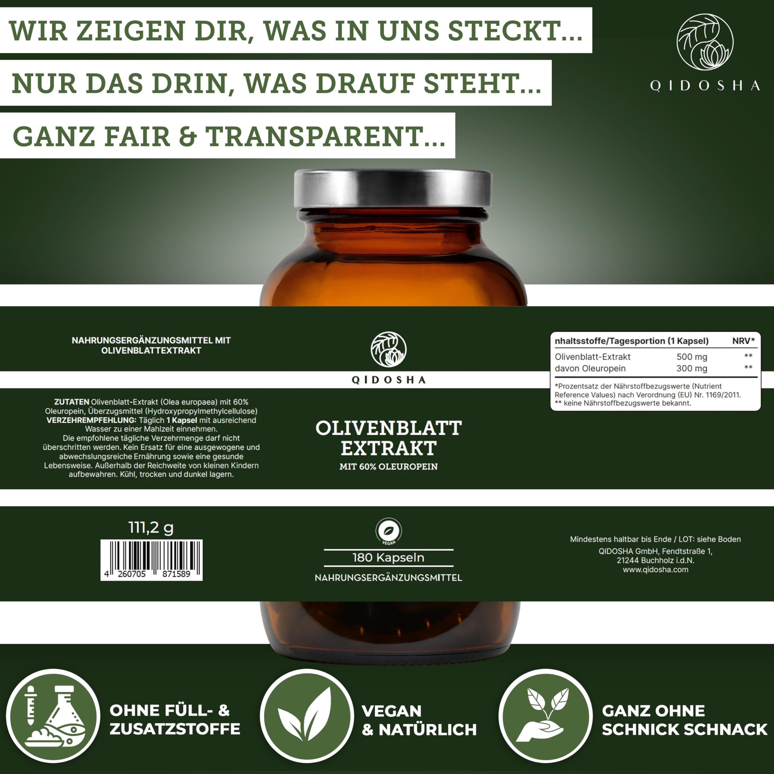 QIDOSHA® Olivenblatt Extrakt hochdosiert mit 60% Oleuropein, 180 Kapseln, höchster Oleuropein-Gehalt im Markt, jede Charge u.a. auf Pestizide und Schwermetalle in externem Labor geprüft