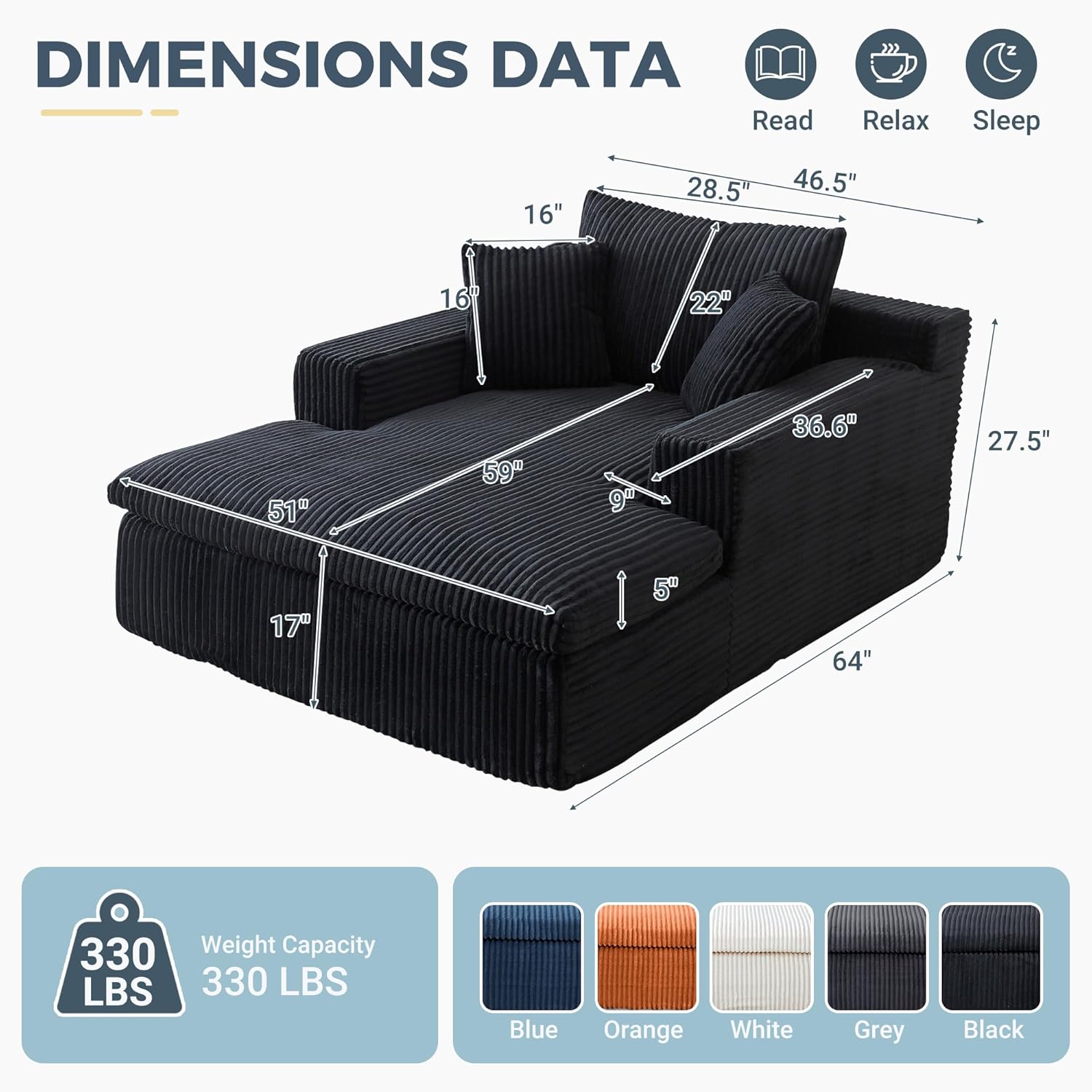 64" x 51" Oversized Chaise Lounge Chair Indoor, Upholstered Boneless Sofa Bed, Sleeper Sofa Reading Chairs Fluffy Plush Faux Fur Cloud Couches for Living Room, Bedroom, Apartment (Black, 46.5")