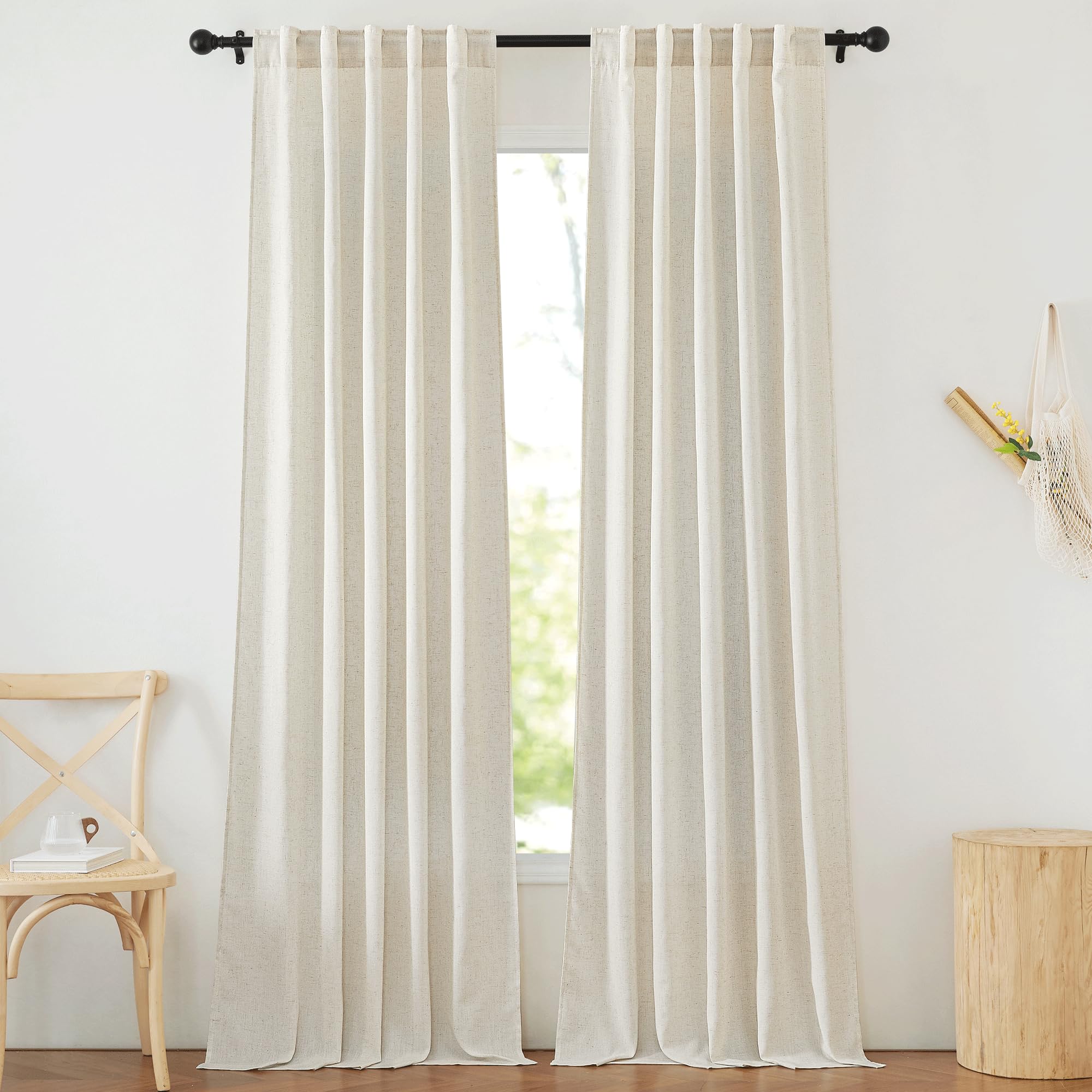 NICETOWN Flax Linen Living Room Curtains 90 inches Long, Rod Pocket & Back Tab Semi Sheer Linen Drapes Privacy Added with Light Filtering for Bedroom/Living Room, Natural, W42 x L90, 2 Panels