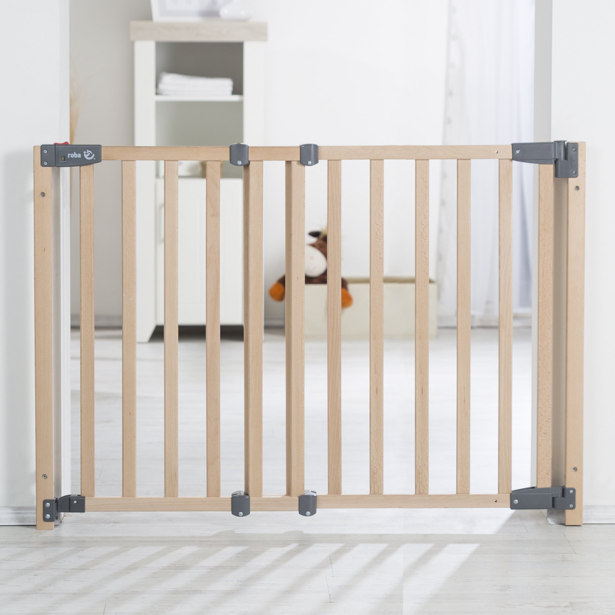 roba Zabezpieczenie drzwiowe Safety Up - Regulowana szerokość 70-118,5 cm - Zabezpieczenie drzwiowe z funkcją sygnalizacji świetlnej do drzwi/schodów - Lite drewno bukowe
