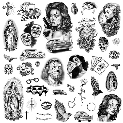 Los Vatos Chicano Vol. I - 38 Designs - Cholo Chola Tatuajes Temporales Para Hombres Mujeres, Payasa, Lowrider, Virgen María, Oración, Cruz,