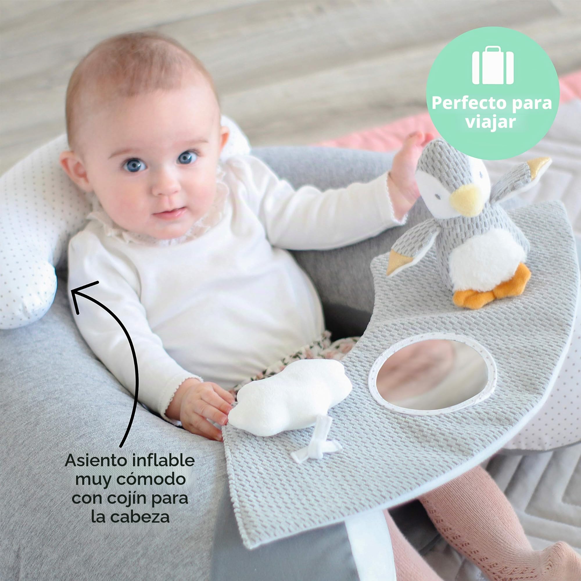 Nuby Little Penguin Sit-Me-Up - Cojín hinchable para bebés - Asiento de suelo hinchable para sentarse y jugar con bandeja y juguete - Gris - 6+ meses