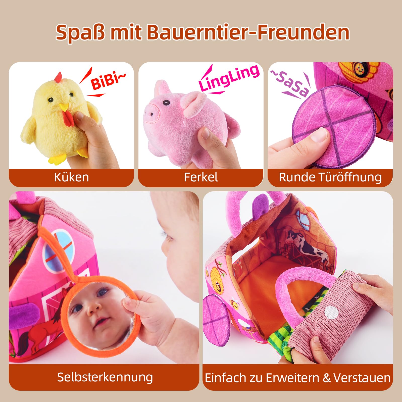 Baby Bauernhof Spielzeug ab 6 Monate, mit 6 Sensorik Plüschtiere und Faltbare Scheune, Quietsch & Rassel Montessori Spielzeug Baby, Geschenk für 6 9 12 Monate 1 Jahr Junge Mädchen