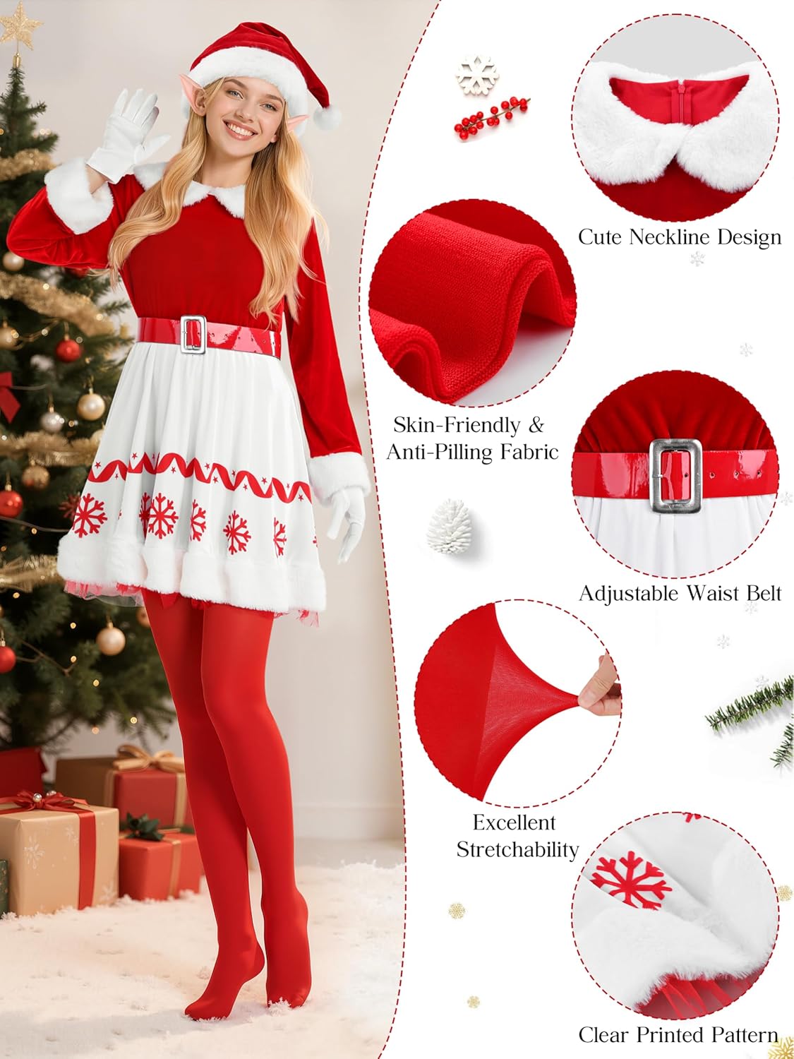 RUODON 6 Pieces Women Elf Costume Red and White Female Party Costumes Christmas Dress Outfit for Women - Image 4