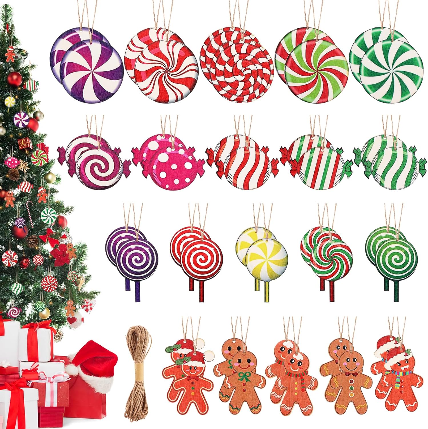 40 PCS Christmas Tree Candy Ornaments Set Xmas Colorful Candies Hanging Ornaments Round Lollipop