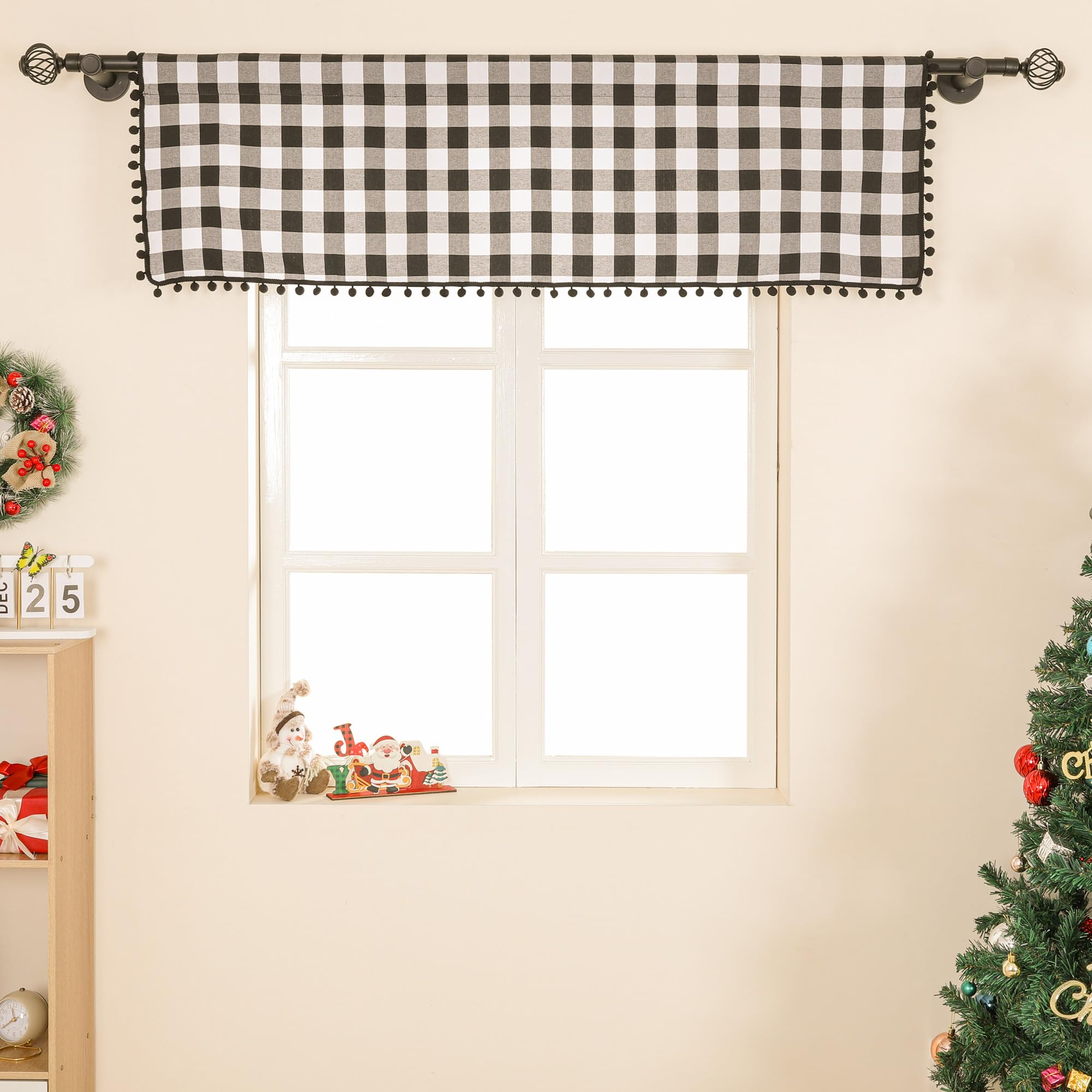 RLoncomix Black White Buffalo Plaid Valance for Kitchen Window Rod Pocket Gingham Check Farmhouse Retro Window Valances Curtains with Black Pom-pom,