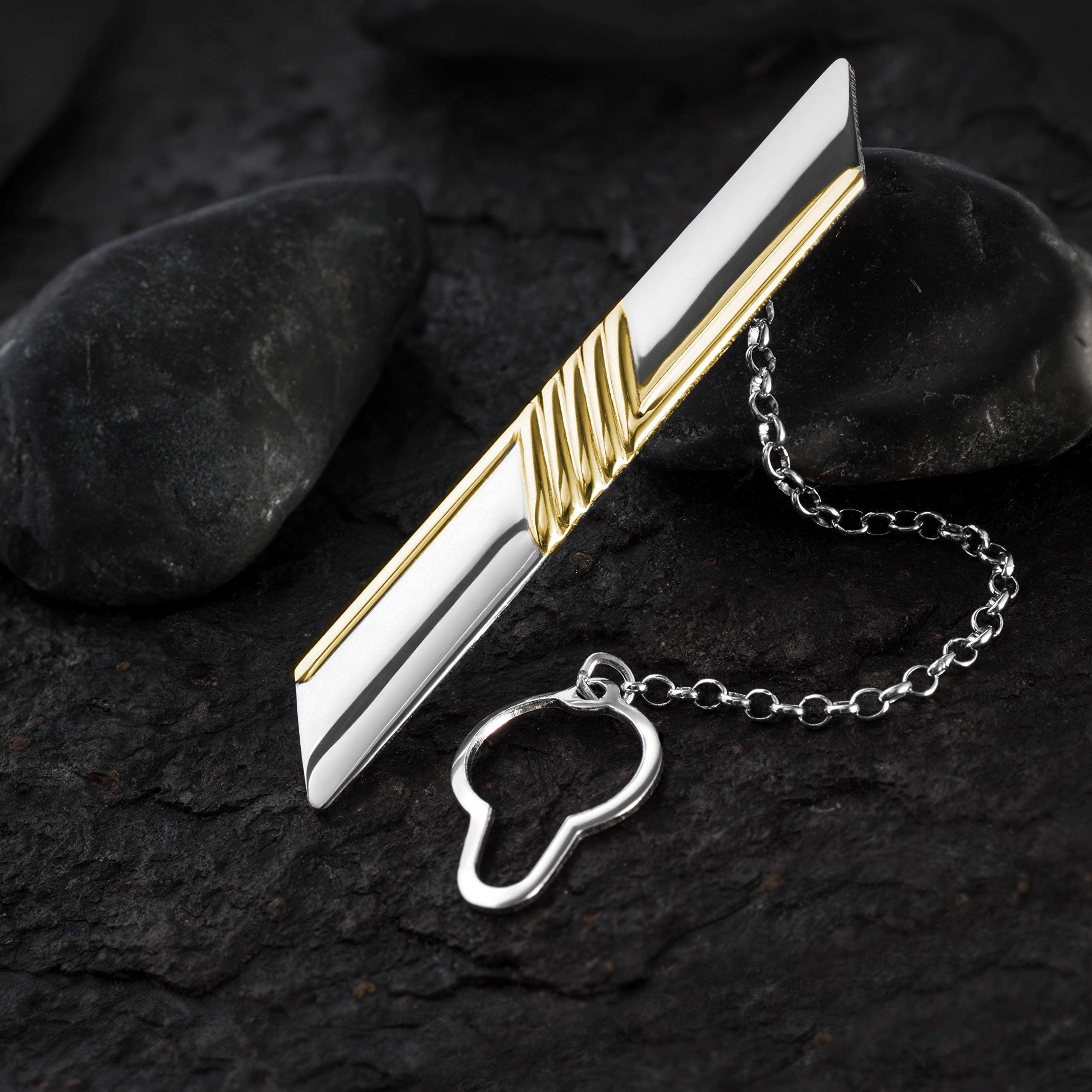 Clip De Corbata De Plata Para Hombre Con Rayas Chapadas En Oro Y Cadena Seguro