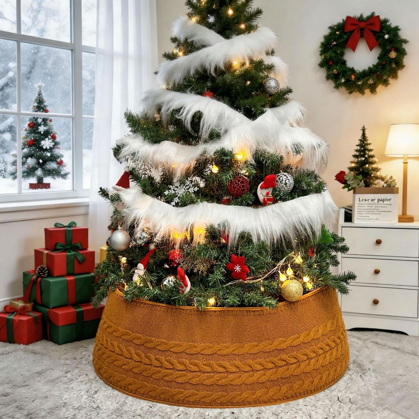 Copribase per Albero di Natale Drappo Rotondo in Maglia da Decorazione