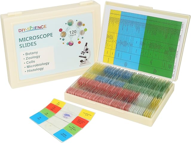 120 Diapositives de microscope avec ensemble de spécimens, diapositives de microscope préparées pour les enfants adultes, animaux/plantes/microbes/matières/cellules, STEM Kit de biologie pour l'école à domicile, labos de classe & Science Éducation