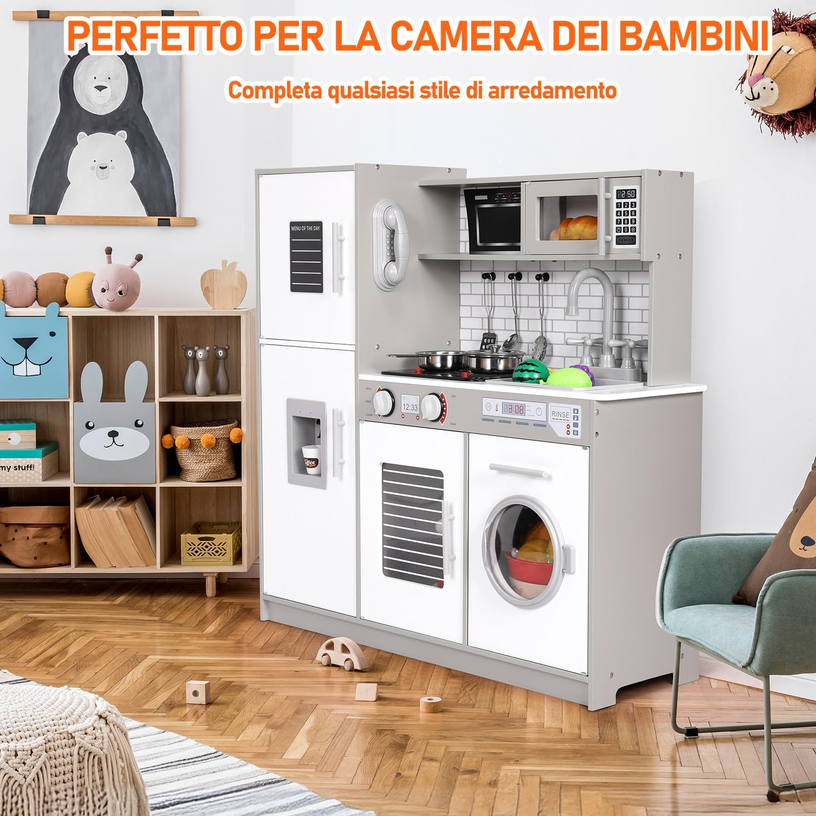 MAMIZO Cucina Giocattolo per Bambini, con Effetti Simulati di Luce e Suono, Cucina Bambini Legno con Accessori da Cucina da Gioco e Lavatrice, 82x80x25 cm, A Partire dai 3 Anni, Grigio-Bianco
