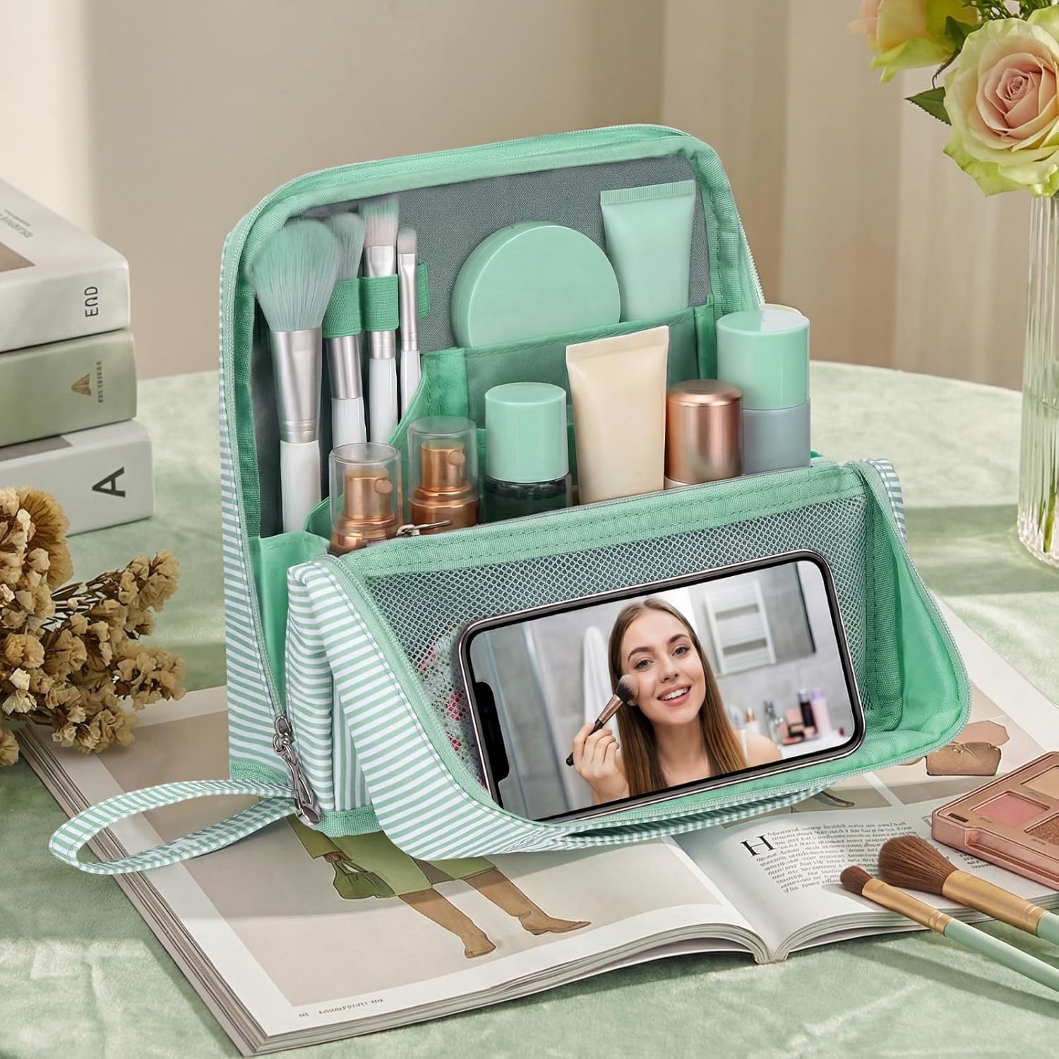 Striped Makeup Bag Large Cosmetic Bags for Mother's Day Women Gift with Brush Loops Mesh Pocket Wrist Strap Travel Organizer Storage Mirror Pouch Toiletry Case with Divider(Fresh Green)