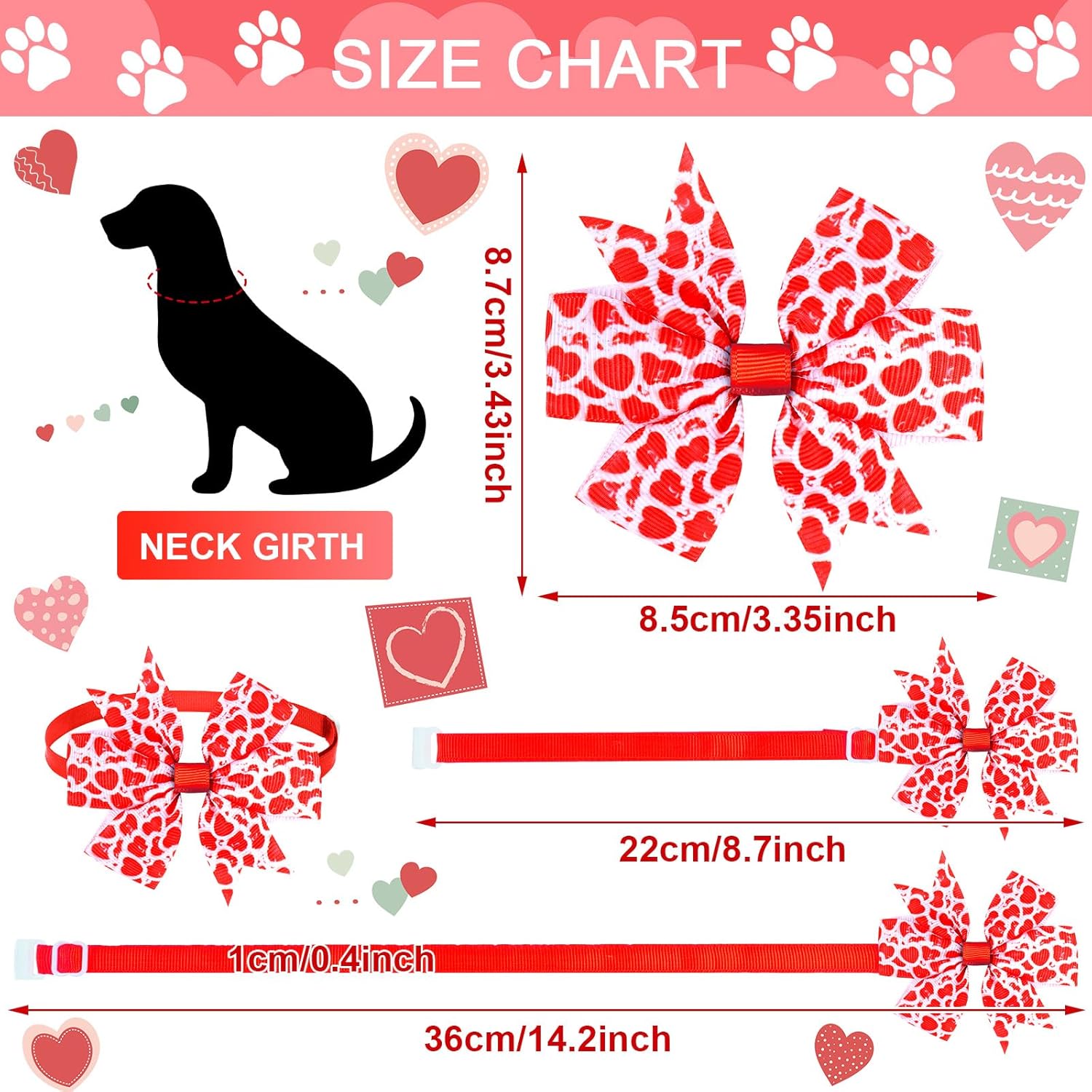 Maitys 80 Pcs Valentines Day Dog Bows, Valentine Dog Bow Tie Collars Adjustable Pink Heart Puppy Cat Neckties for Pet Grooming Accessories